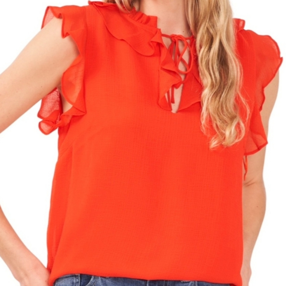 CeCe Women's Ruffle Flutter Sleeves Tie V-neck Poppy Red Lined Blouse